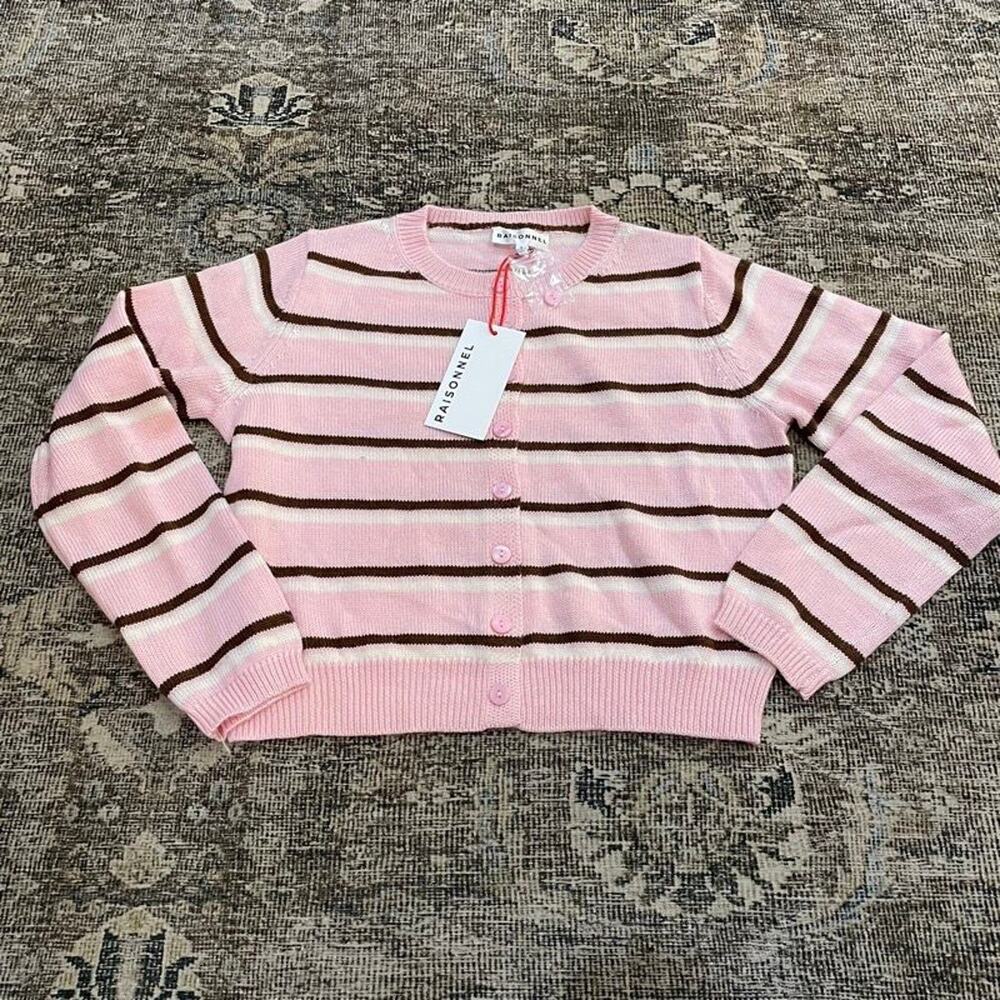 Raisonnel Pink Brown Striped Crop Cardigan Sweater Cashmere Blend Womens S NWT